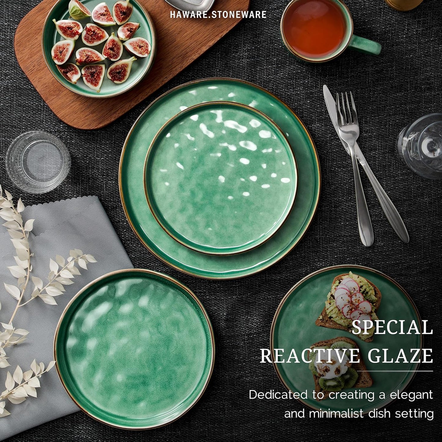 HaWare Dinnerware Sets, 16-Piece Plates and Bowls Set, Stoneware Dish Set for 4, Ceramic Dishware Set for Pasta Cereal, Chip and Scratch Resistant, Microwave and Dishwasher Safe, Reactive Green