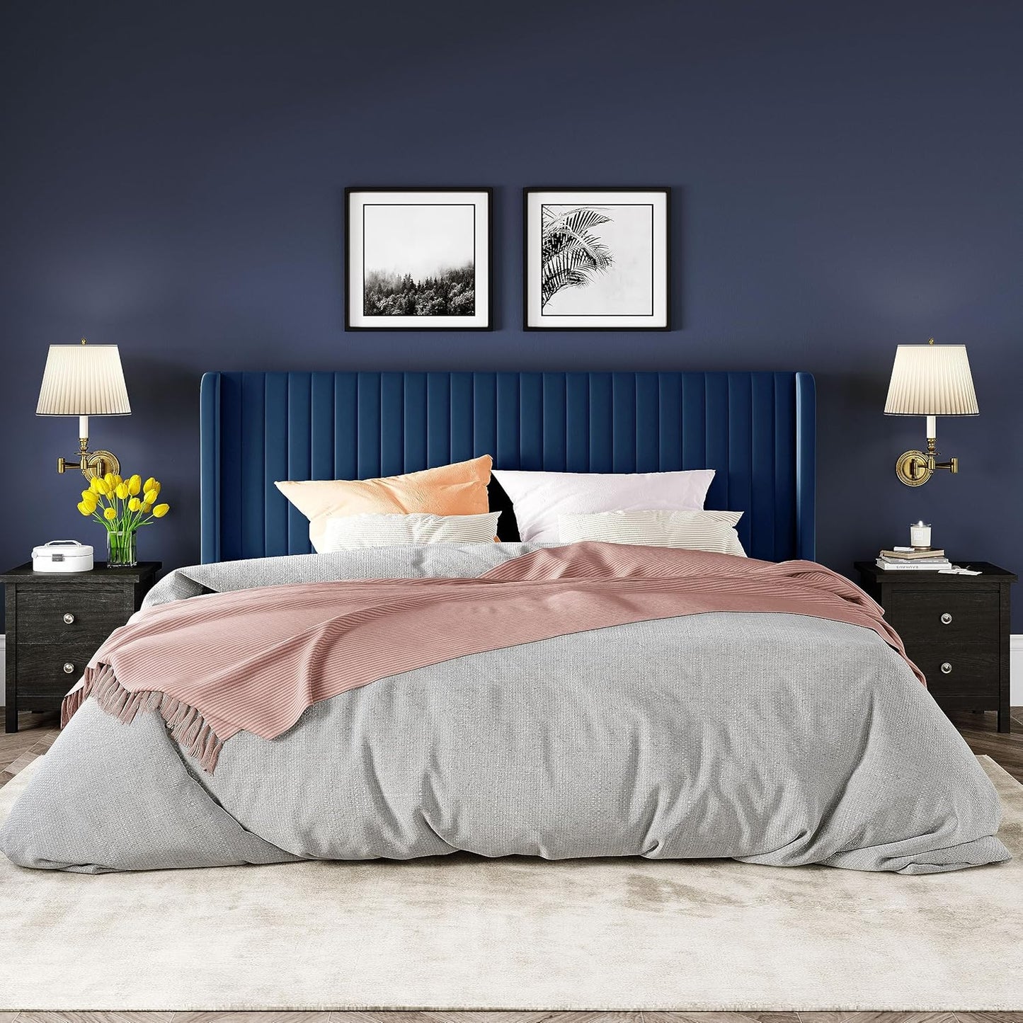 Allewie King Size Velvet Bed Frame/Vertical Channel Tufted Wingback Headboard/Upholstered Platform Bed/Strong Wooden Slats/No Box Spring Needed/Easy Assembly/Blue