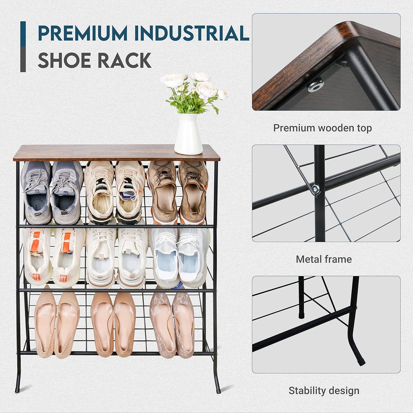 Narrow Shoe Rack for Front Door Entrance,4-Tier Shoes Rack Storage Organizer with 3 Slanted Shelves and Top Shelf for Entryway,Skinny Space Saving Shoe Rack, Black