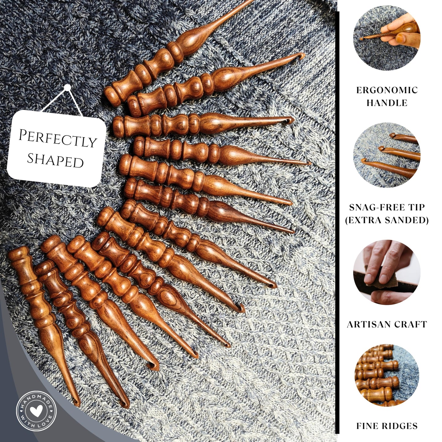 Shesham Wood Crochet Hooks Set of 13 - Sizes 3.5 mm to 12 mm – Premium Wooden Hooks for Knitting and Crocheting | Natural Wood Craft Tools | Perfect Mother's Day Gift