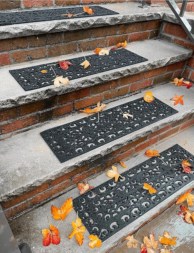 Set of 4 Rubber Stair Tread Mats 30 x 10 Inch Anti-Slip Outdoor Rug, Black – Lace Pattern