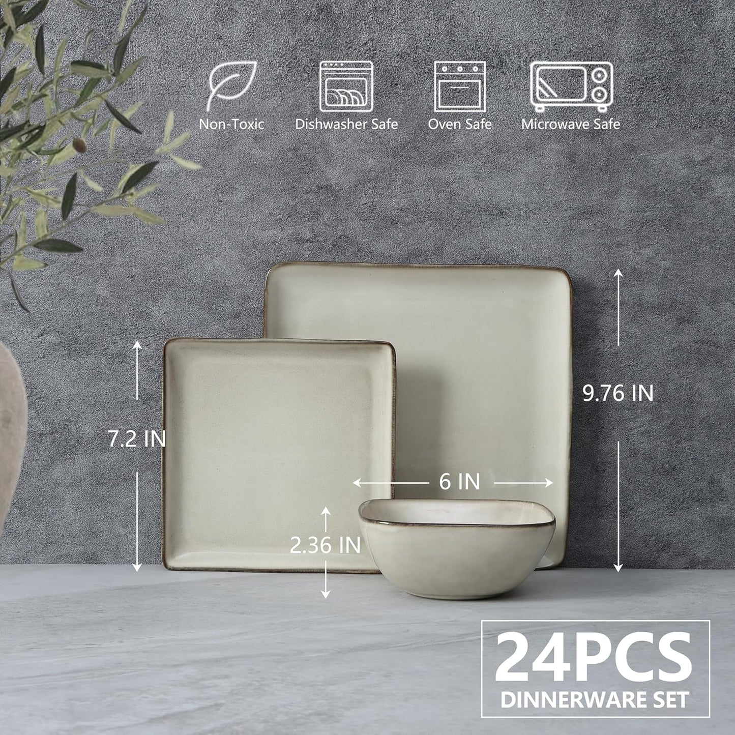 E-far Square Dinnerware Sets for 8, 24-Piece Stoneware Plates and Bowls Dishes Set, Reactive Glaze Porcelain Dishware Sets, Chip & Scratch Resistant, Microwave & Dishwasher Safe, Sandy Beige