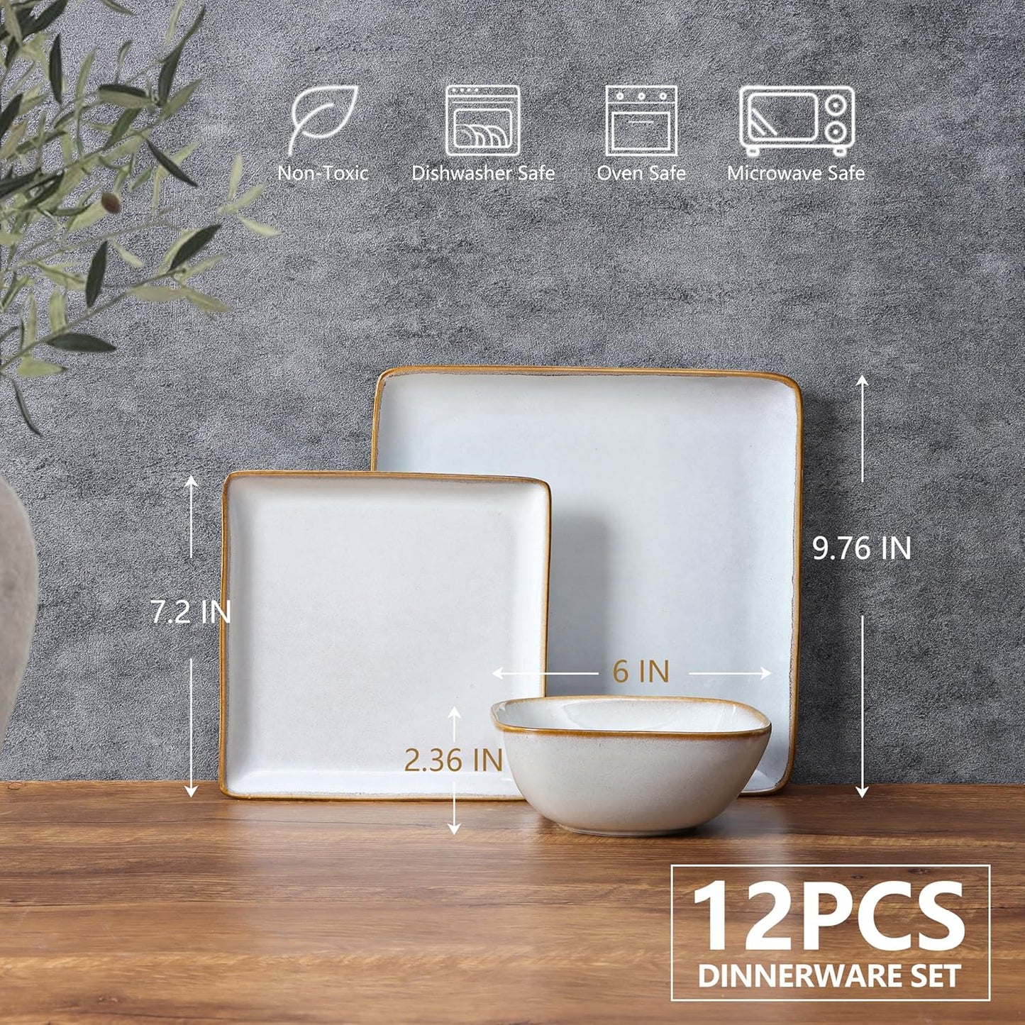 E-far Square Plates and Bowls Sets, 12-Piece Stoneware Dinnerware Sets for 4, Reactive Glaze Dish Set, Chip and Scratch Resistant, Microwave and Dishwasher Safe, Seashell White