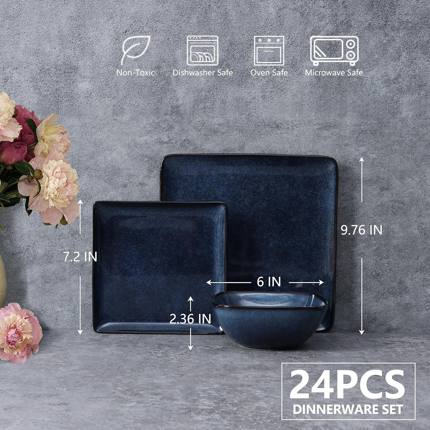 E-far Square Dinnerware Sets for 8, 24-Piece Stoneware Plates and Bowls Dishes Set, Reactive Glaze Porcelain Dishware Sets, Chip & Scratch Resistant, Microwave & Dishwasher Safe, Deep Sea Blue