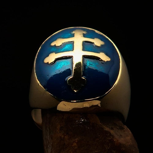 Excellent crafted oval domed Men's blue Cross Lorraine Ring - solid