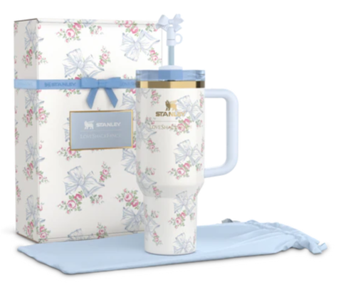 Stanley L.O.V.E.Shack Blue Bow Tie 40 Oz Double-Wall Vacuum Insulated Stainless Steel Tumbler With Handle & Straw Hot Cold Drink Cup Gift Box Pack For Travel Home Office Christmas Birthday Valentine's Day Gifts