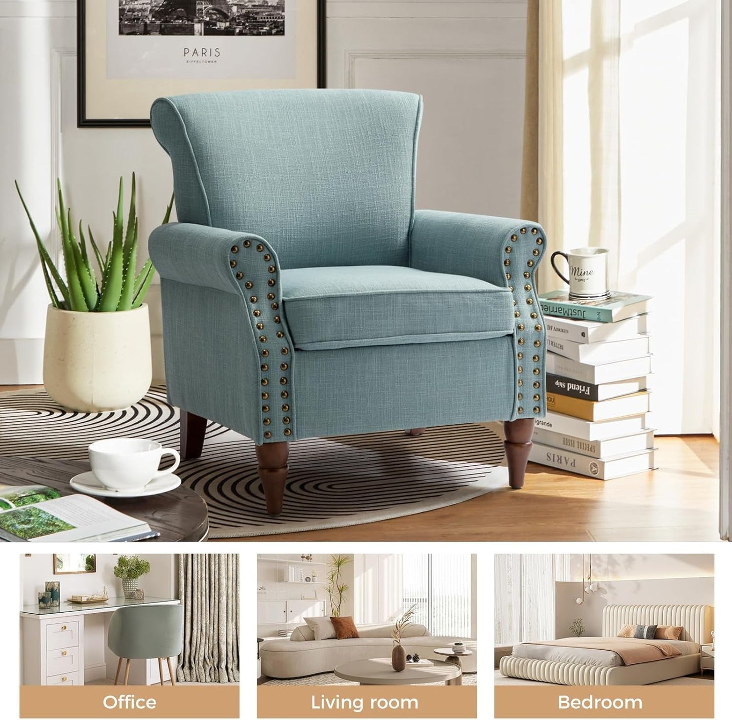 Accent Chair with Wood Legs & Removable Cushion, Modern Wingback Armchair with Nailhead Trim, Comfy Upholstered Lounge Chair, Single Sofa Chairs for Living Room Bedroom, Blue
