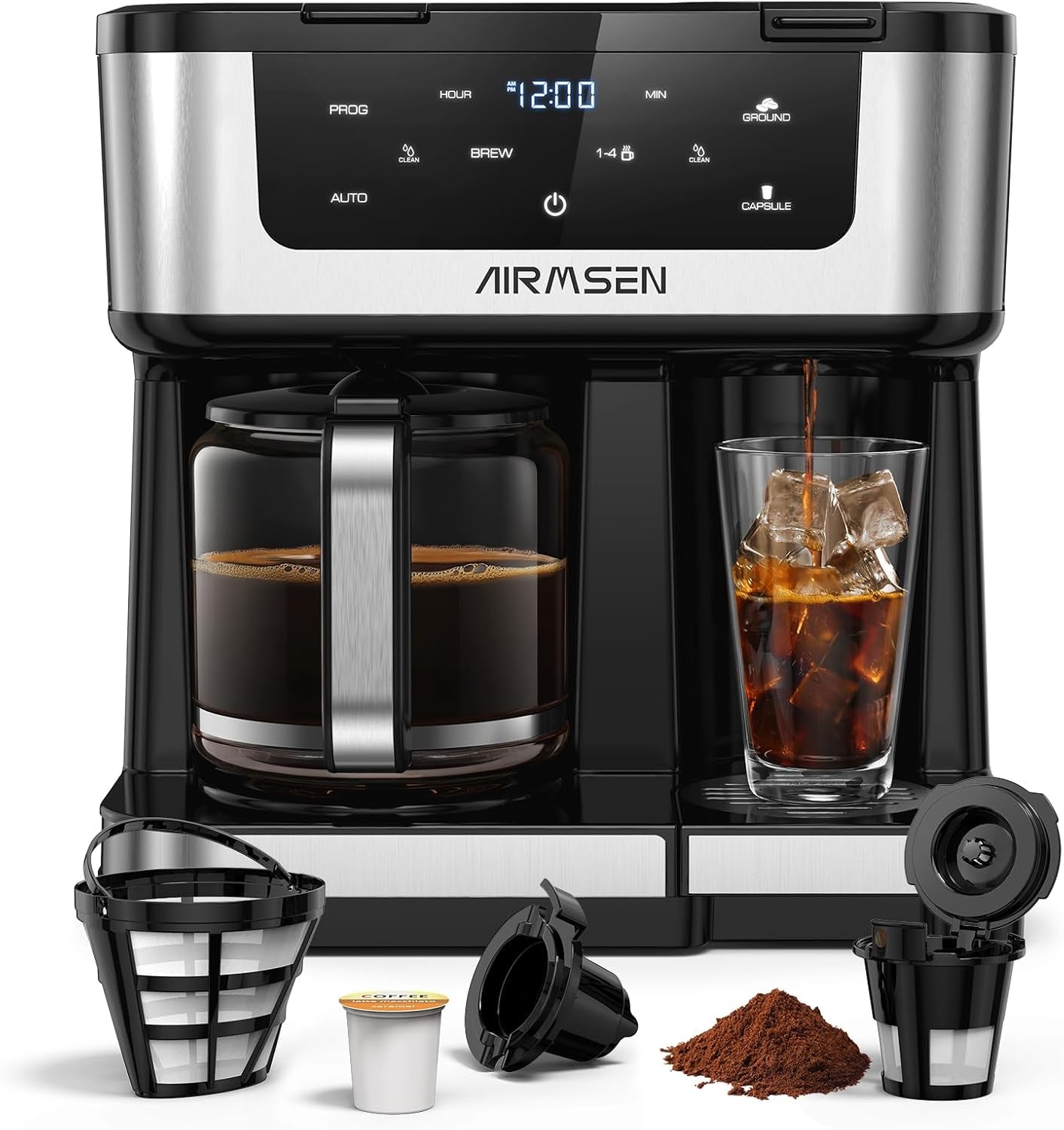 12-Cup Programmable Dual Coffee Maker – Single Serve Machine for K-Cup Pods & Ground, 1000W Fast Brew, Delay Start, 2H Keep Warm, Touchscreen, 60Oz Tank, Glass Carafe – Home & Office