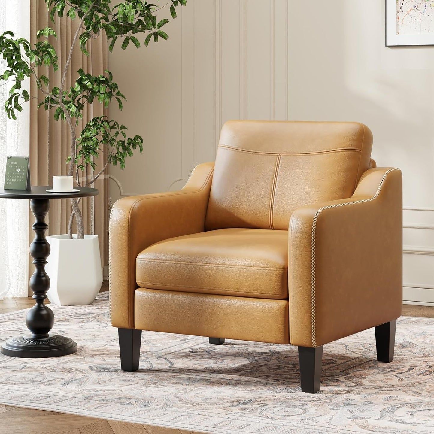 PU Leather Accent Chair Set of 2, Mid-Century Modern Living Room Armchair Sofa with Removable Cushions, Solid Wood Frame & Stitched Armrest Design, Bedroom Chair with Plastic Legs, Brown