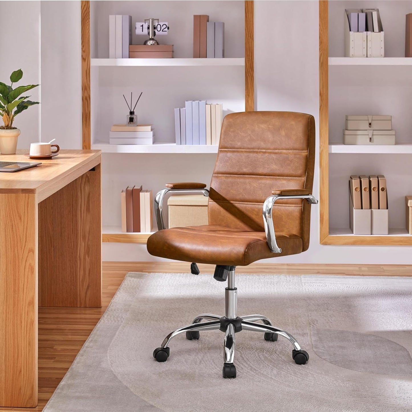 Mid-Back Office Chair with Arms Swivel PU Leather Height Adjustable Office Executive Chair, Retro Brown