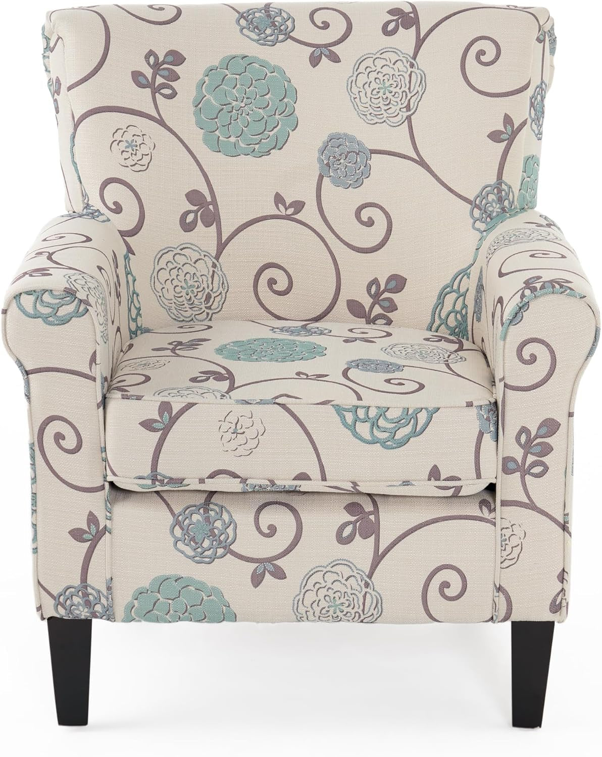 Isla Blue Floral Club Chair with Rolled Arms, Upholstered Accent Chair with Tapered Birch Wood Legs and Tonal Piping for Living Room, Bedroom, Beige+Blue