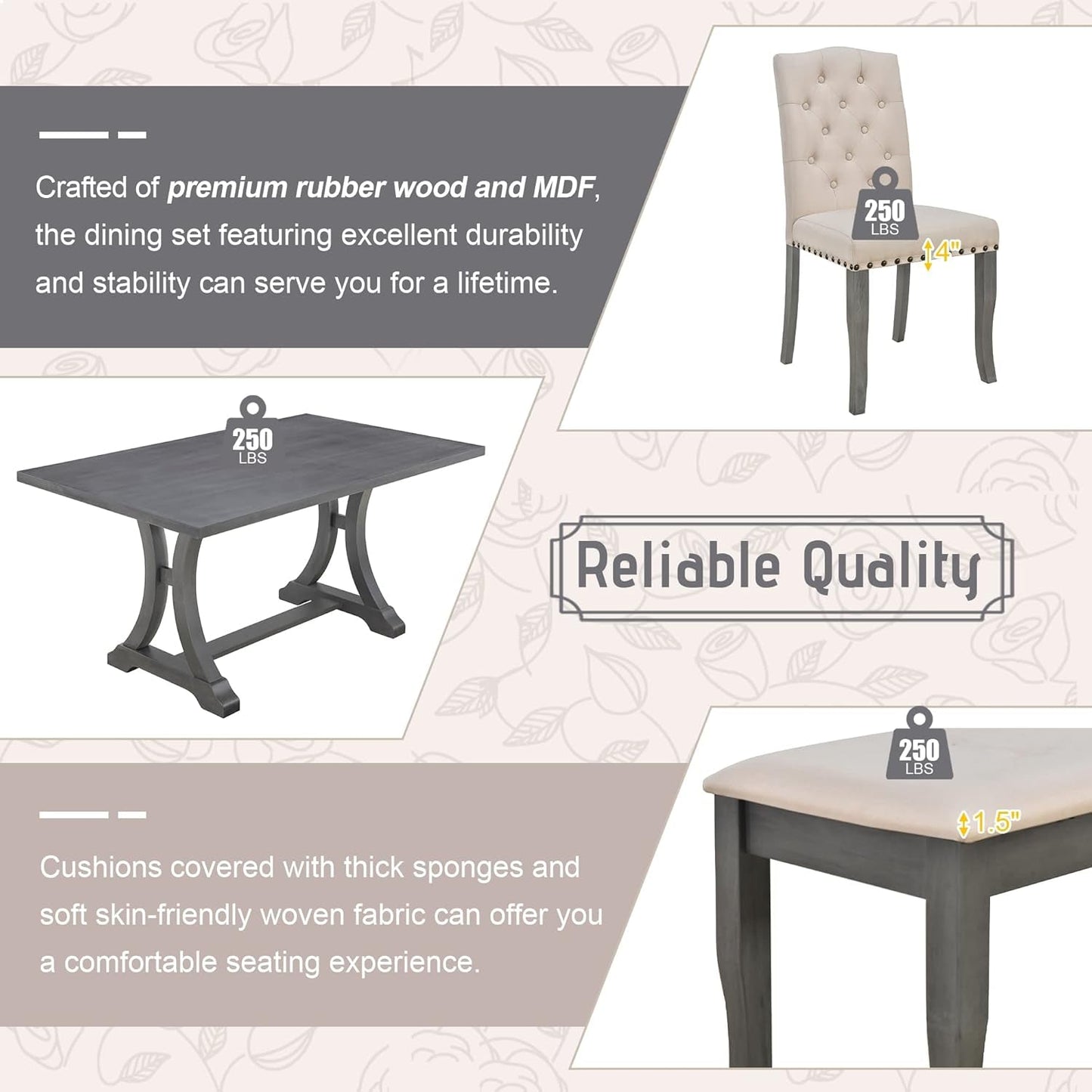 Dining Table Set for 6, Kitchen Table Set with Chairs and Bench, 6 Piece Solid Wood Dining Room Set with Trestle Table Legs for Kitchen, Dining Room (Antique Grey)