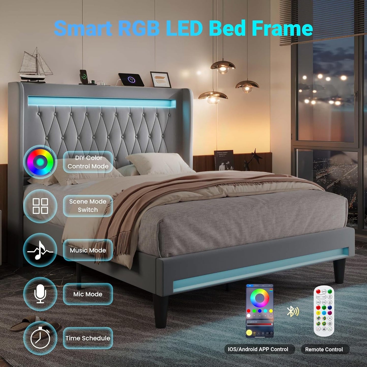 Upholstered Full Size Platform Bed Frame with LED Light and Charging Station, Button Tufted High Headboard, Wingback Design, Noise Free, Easy Assembly, No Box Spring Needed, Grey