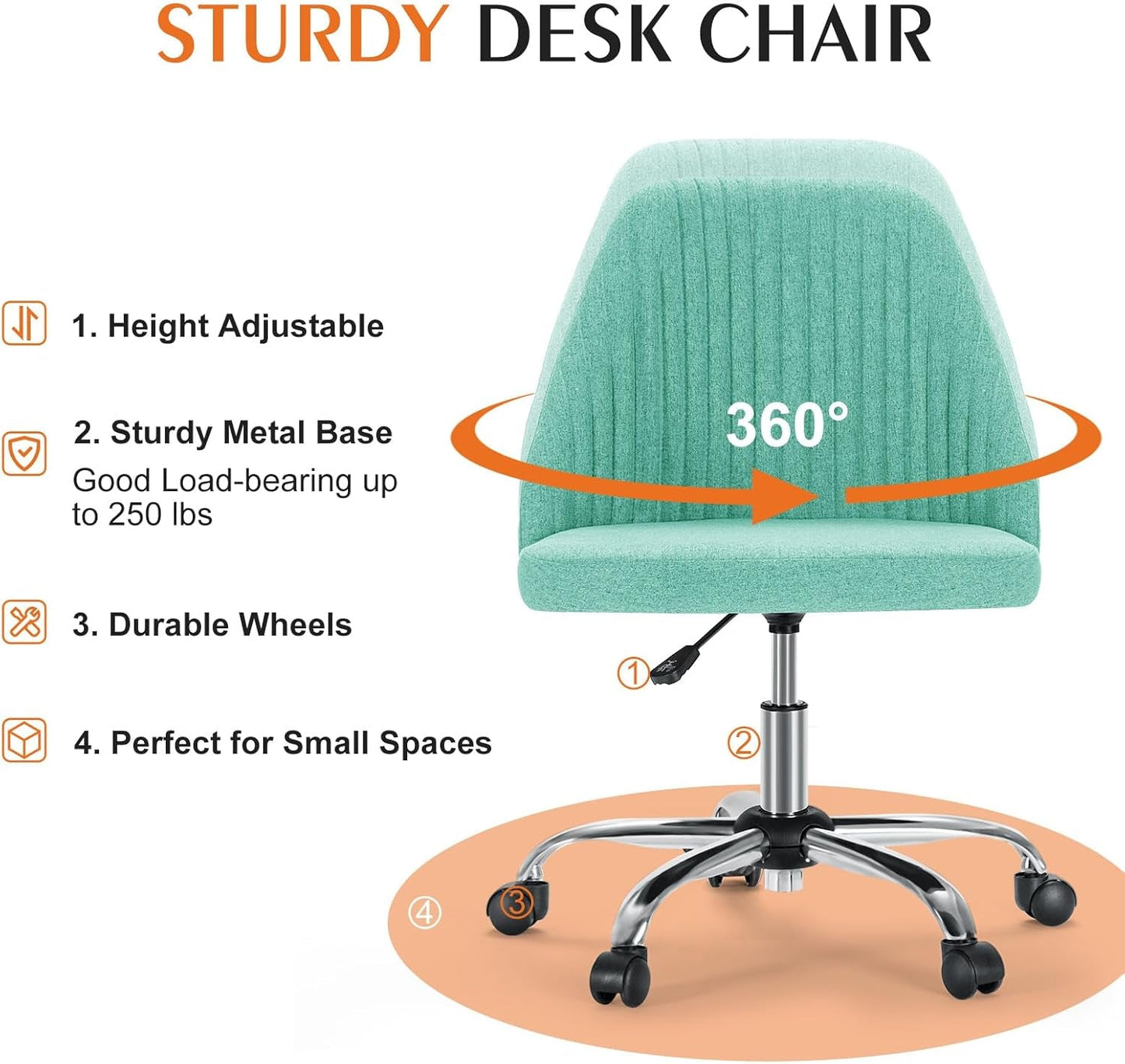 Office Chair - Armless Vanity Chair, Cute Comfy Home Office Desk Chair with Wheels, Modern Upholstered Task Computer Seat for Bedroom, Study, Makeup Vanity, Height Adjustable & Swivel, Mint
