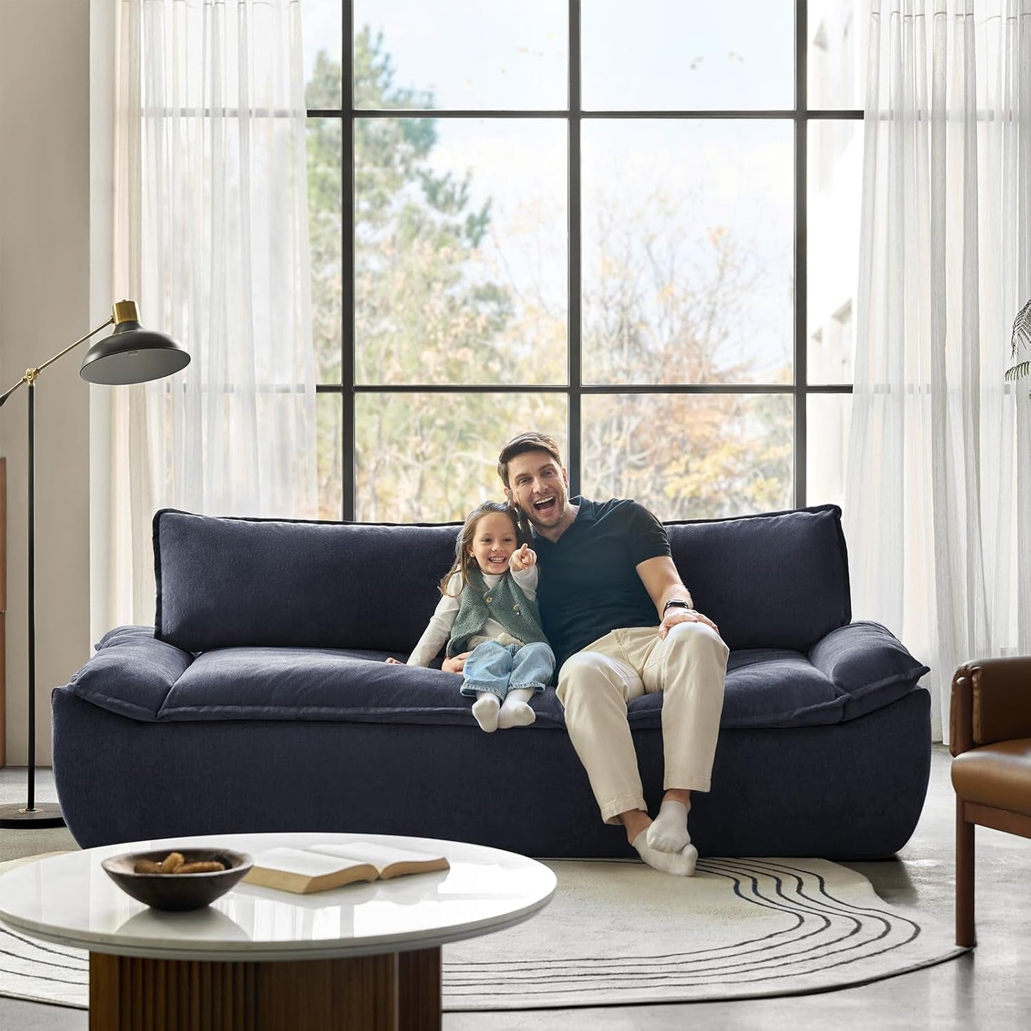 89" Oversized Boneless Couch, 3 Seater Compressed Foam Sofa with Deep Seat, Comfy Cloud Couch with Removable Seat and Back Cushions, No Assembly Required, Navy