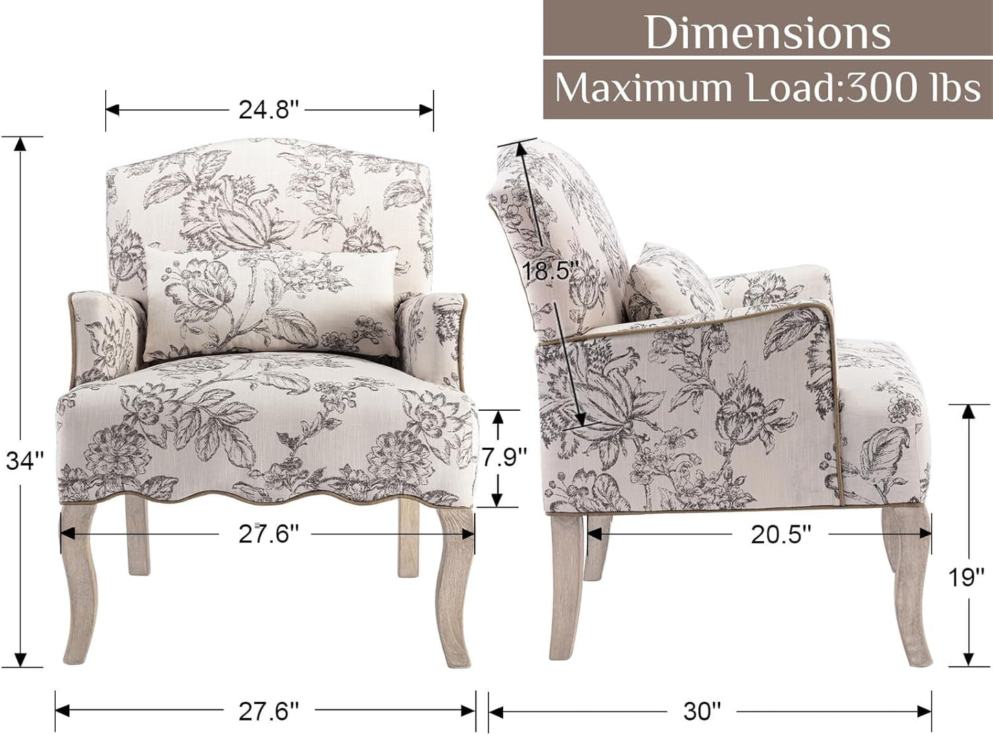 Floral Accent Chairs Farmhouse Upholstered Armchair Linen Reading Chair Mid Century Modern Single Sofa Chair with Pillow for Bedroom/Living Room/Fireplace, Beige, 1PC