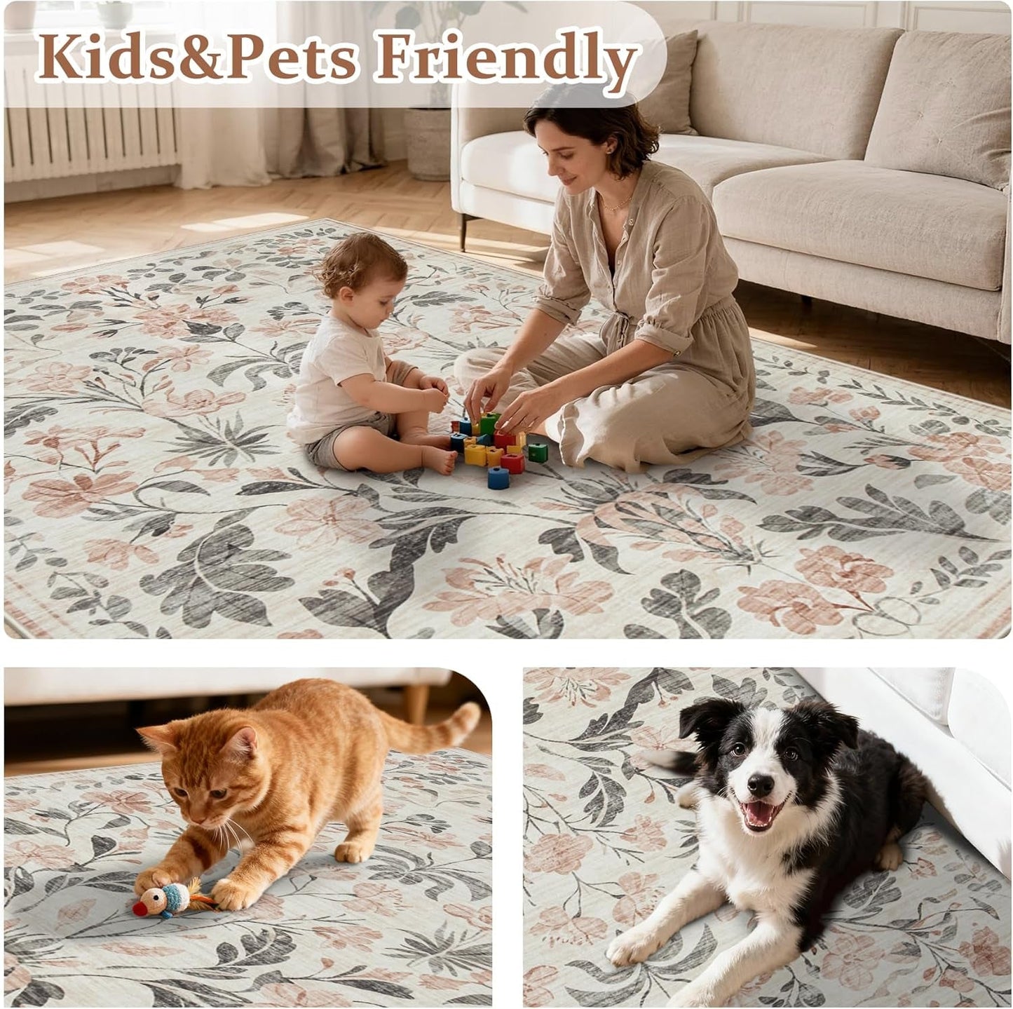 8X10 Area Rugs Washable Rug: Lagre Boho Living Room Rug Soft Non-Slip Thin Carpet Indoor Floor Non-Shedding Neutral Floral Carpets for Bedroom Dining Room Farmhouse Nursery Pink