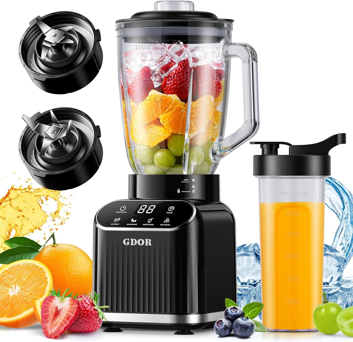 Professional Blender for Smoothies, 5 Functions, 1200 Peak Watts Smoothie Blender, 52 Oz Glass Jar & 24 Oz To-Go Cup Combo, Ice Crushing & Frozen Fruit, Self-Cleaning, Black