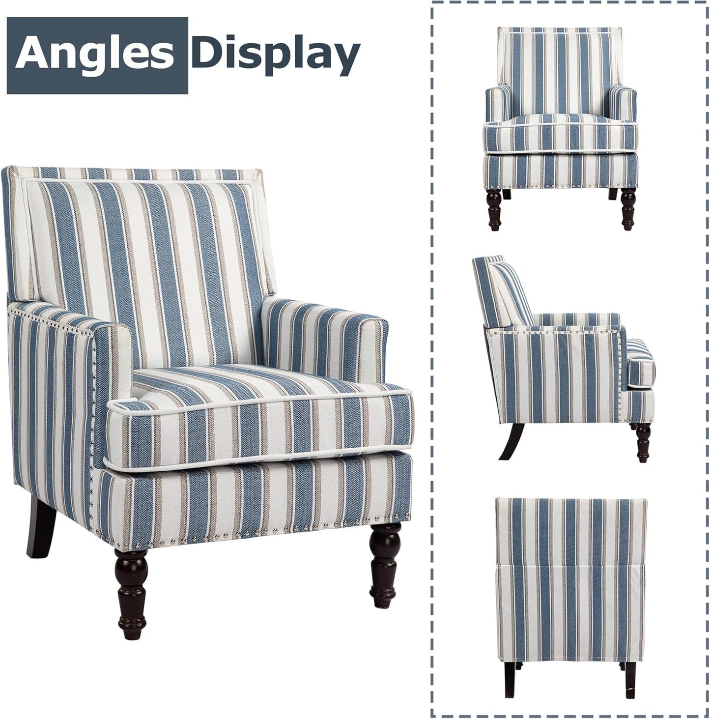 Accent Chair, Modern Comfy Mid-Century Accent Chairs，Linen Upholstered Lounge Arm Chair with Solid Wood Reading Side Padded Single Sofa for Living Room/Office/Balcony/Bedroom-Blue Stripe