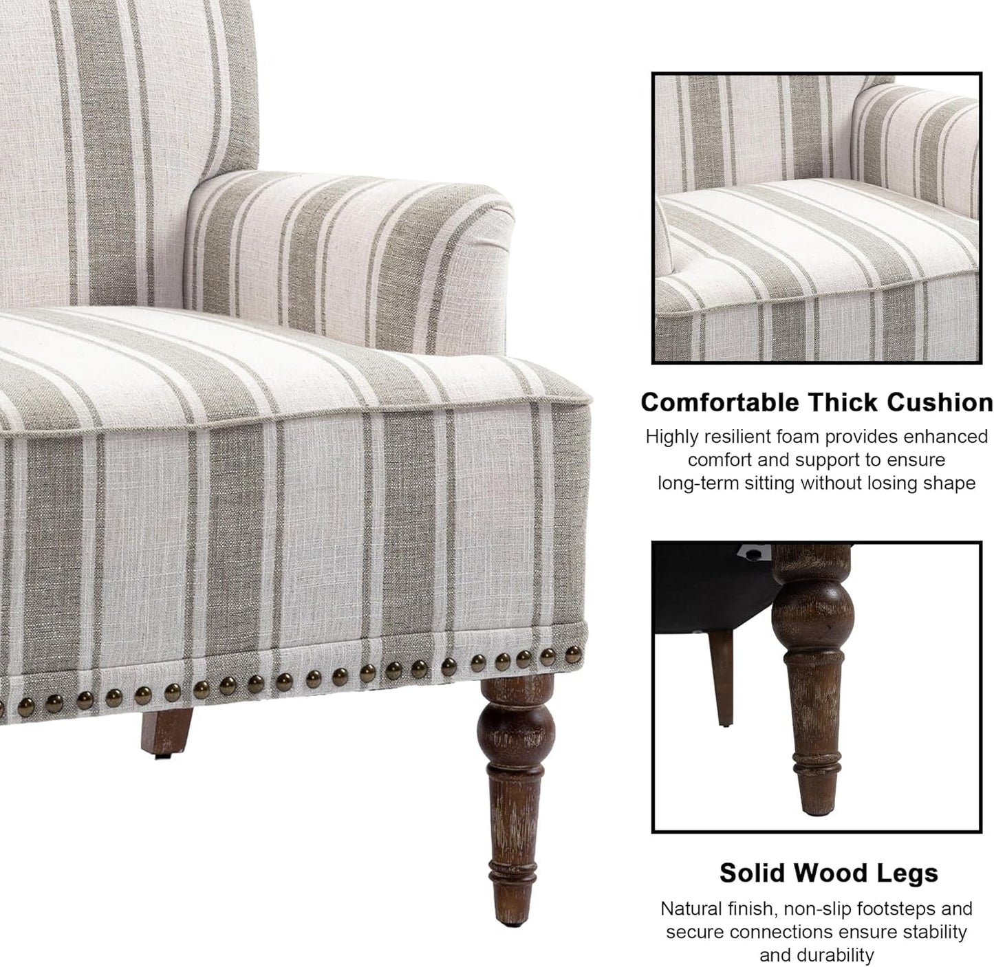 Accent Chair, Mid Century Modern Comfy Armchair for Living Room, Linen Fabric Single Sofa Lounge for Reading Bedroom Apartment Waiting Room with Wood Legs (Brown Stripe, Set of 1)