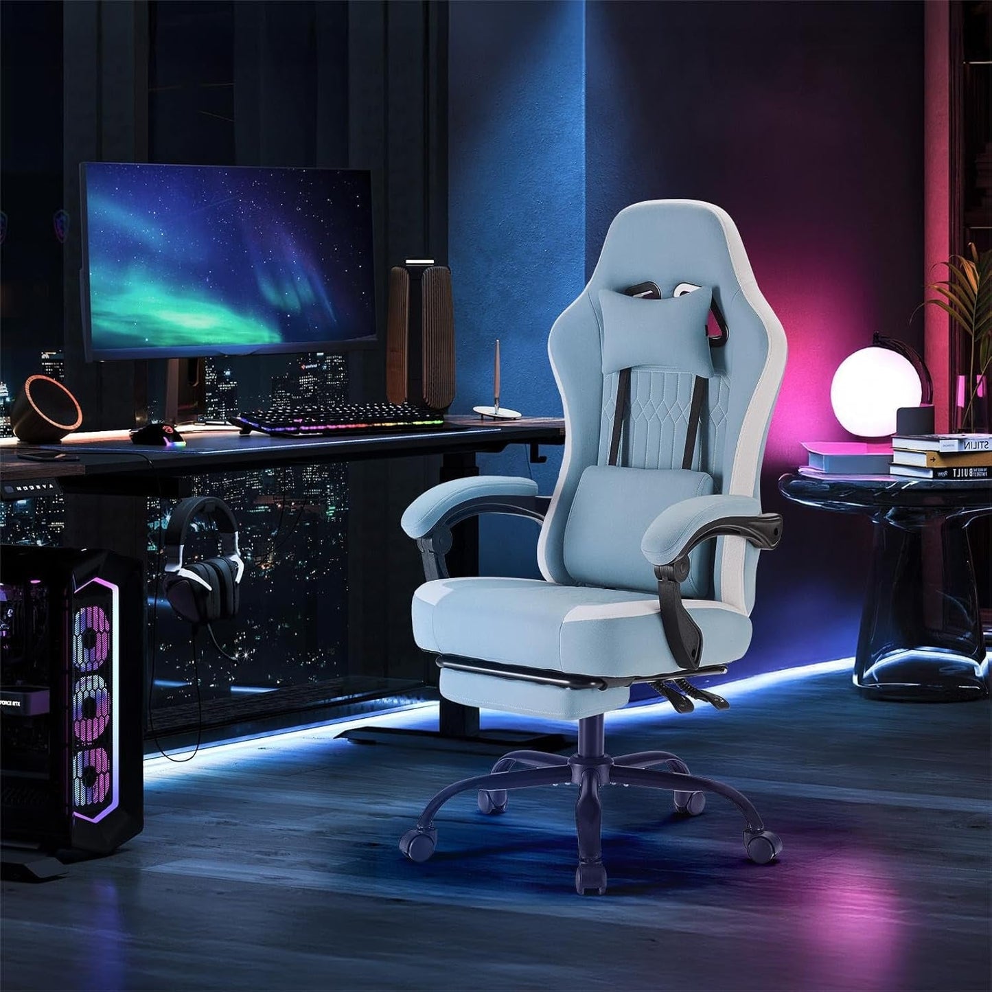 Office Chair - High Back Ergonomic Desk Chair with Footrest and Lumbar Support, Height Adjustable Task Chair with Linkage Armrests and Headrest, 360° Swivel Wheels, Blue