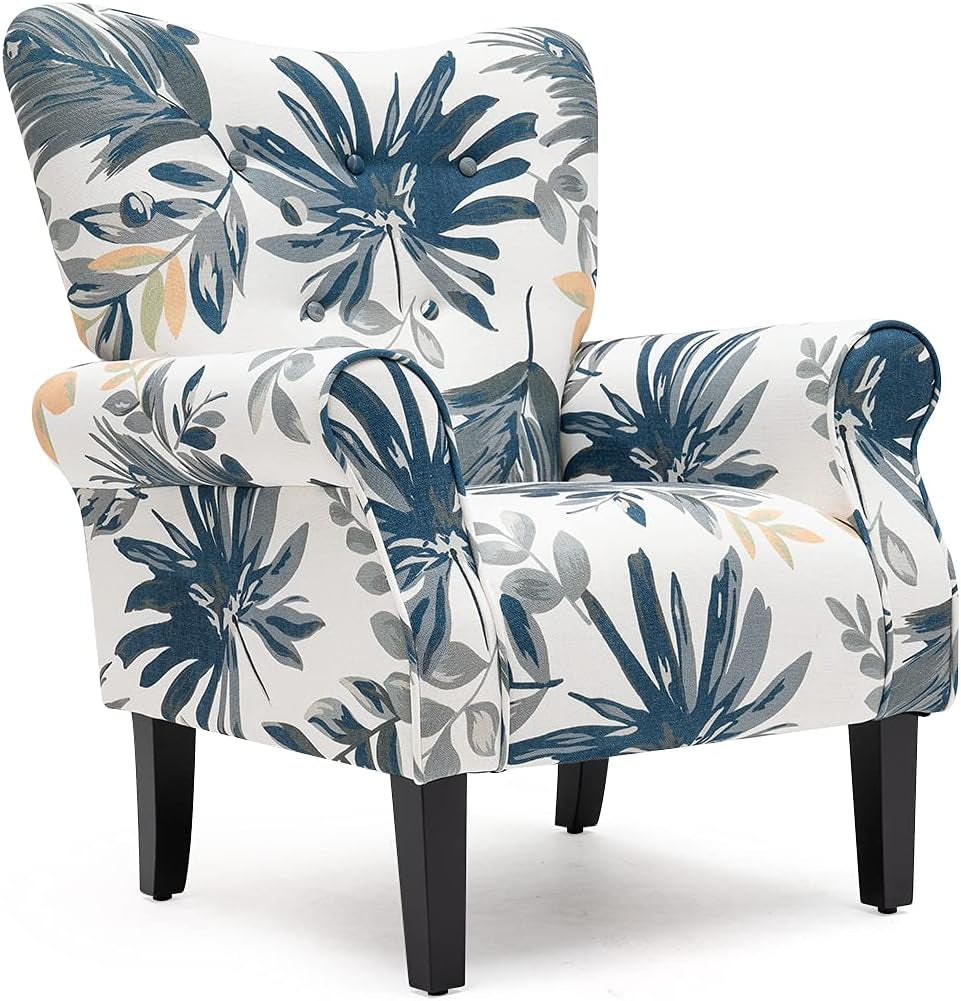Modern Accent Chair,High Back Armchair,Upholstered Fabric Button Single Sofa with Wooden Legs for Living Room,Bedroom,Blue Leaves