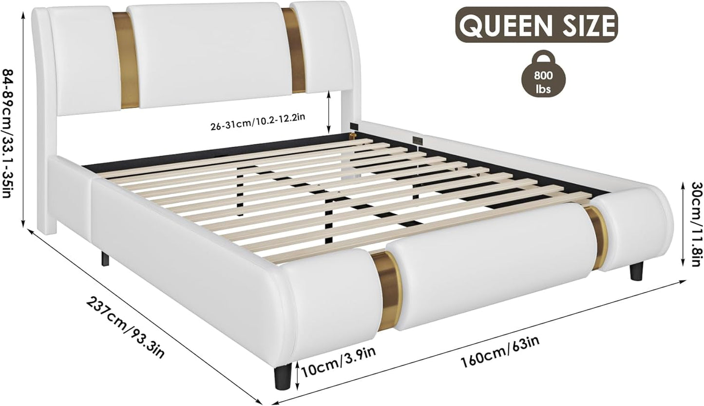 Modern Faux Leather Upholstered Platform Bed Frame with Golden Iron Metal Decor, Adjustable Curved Headboard, Wooden Slats Support, No Box Spring Needed, Queen Size, White