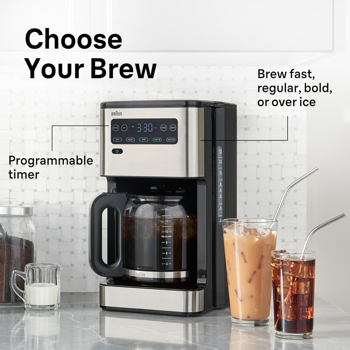 Pureflavor 14‑Cup Programmable Coffee Maker – Fast Brew Speed, Touch Display, Bold & Brew‑Over‑Ice Modes, Flavorcarafe & Adjustable Warm Plate