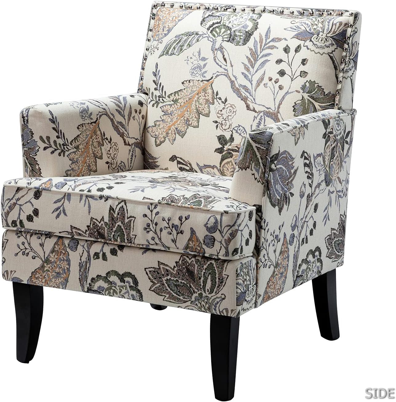 Modern Accent Chair with Arms and Wooden Legs, Floral Patterned Accent Chair Armchair High Back Rest, Padded Armrest and Comfortable Cushioned Seat for Living Room (Orange Grey Floral)
