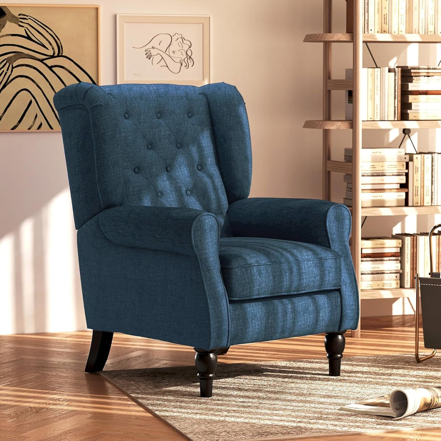 Mid-Century Modern Accent Chair, High Wingback Reading Chair, Button-Tufted Upholstered Fabric Armchair with Retro Wood Legs for Apartment, Living Room, Bedroom, Blue