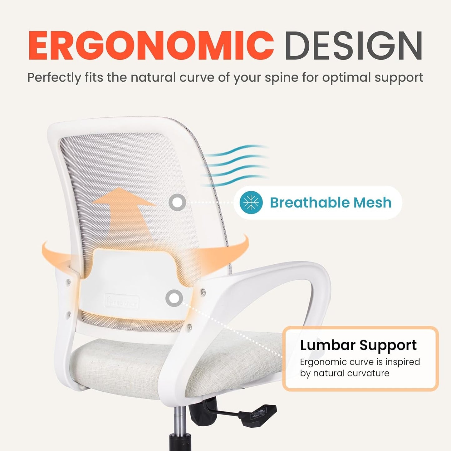Office Desk Ergonomic Mesh Computer Chair with Lumbar Support Adjustable Height Swivel Rolling Wheels Comfy Mid Back Task Chair for Home Bedroom Vanity Study (Ivory)