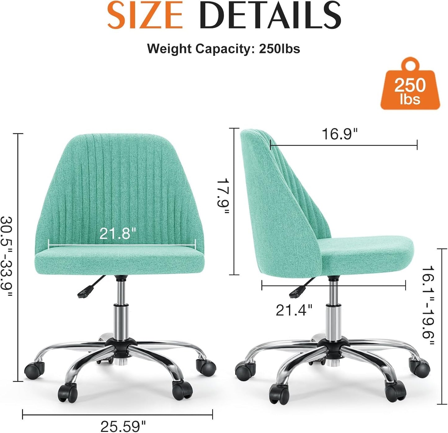 Office Chair - Armless Vanity Chair, Cute Comfy Home Office Desk Chair with Wheels, Modern Upholstered Task Computer Seat for Bedroom, Study, Makeup Vanity, Height Adjustable & Swivel, Mint