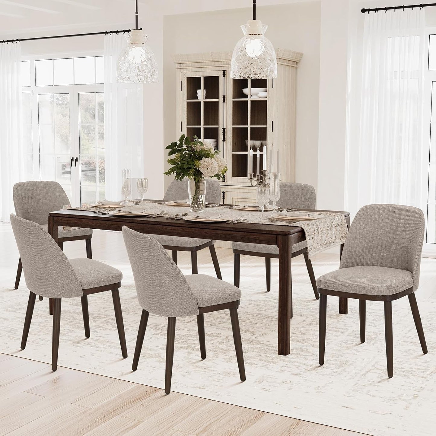 Upholstered Dining Chairs Set of 6, Modern Kitchen Chairs with Back, Fabric Side Dining Room Chairs with Wood Legs for Kitchen Dining Room Restaurant, Camel
