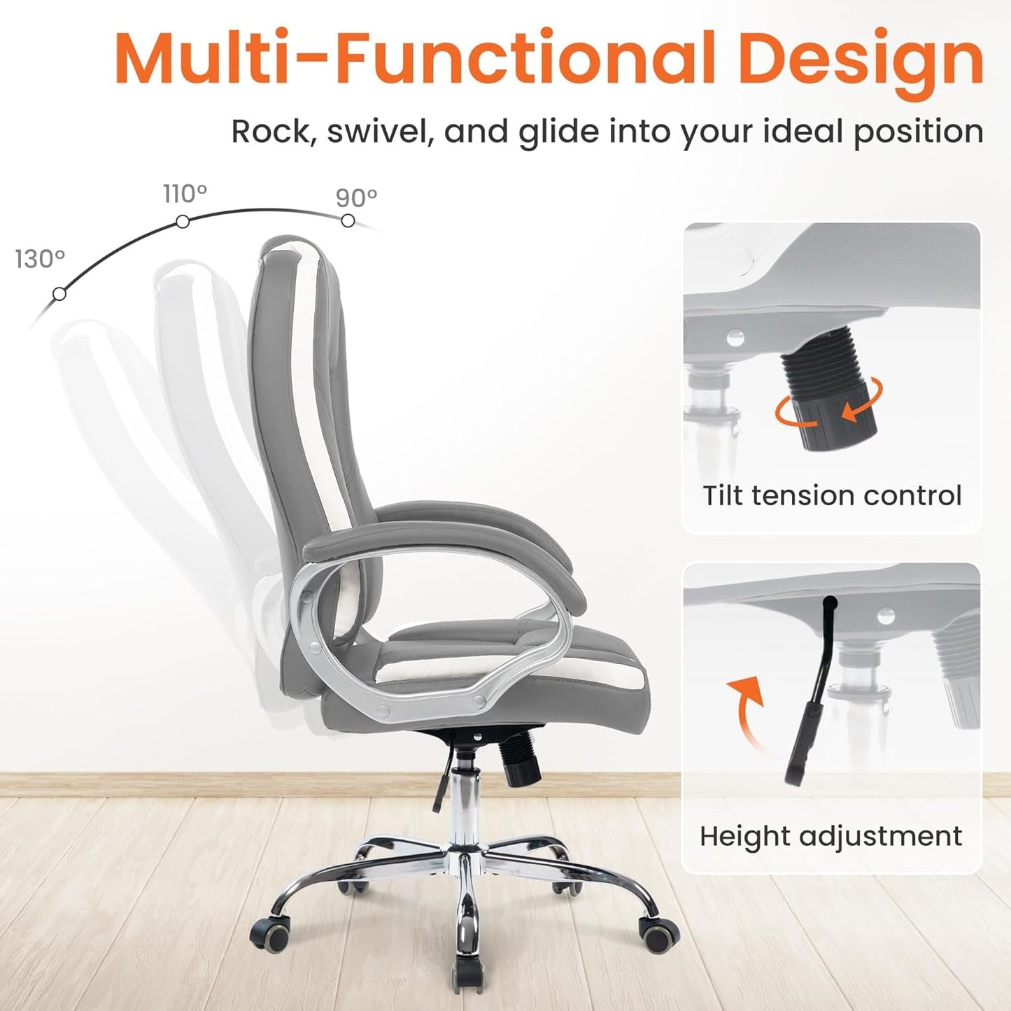 Office Desk Ergonomic Gaming Chair High Back Adjustable Computer Chair with Wheels and Lumbar Support Comfy Leather Executive Swivel (Grey)