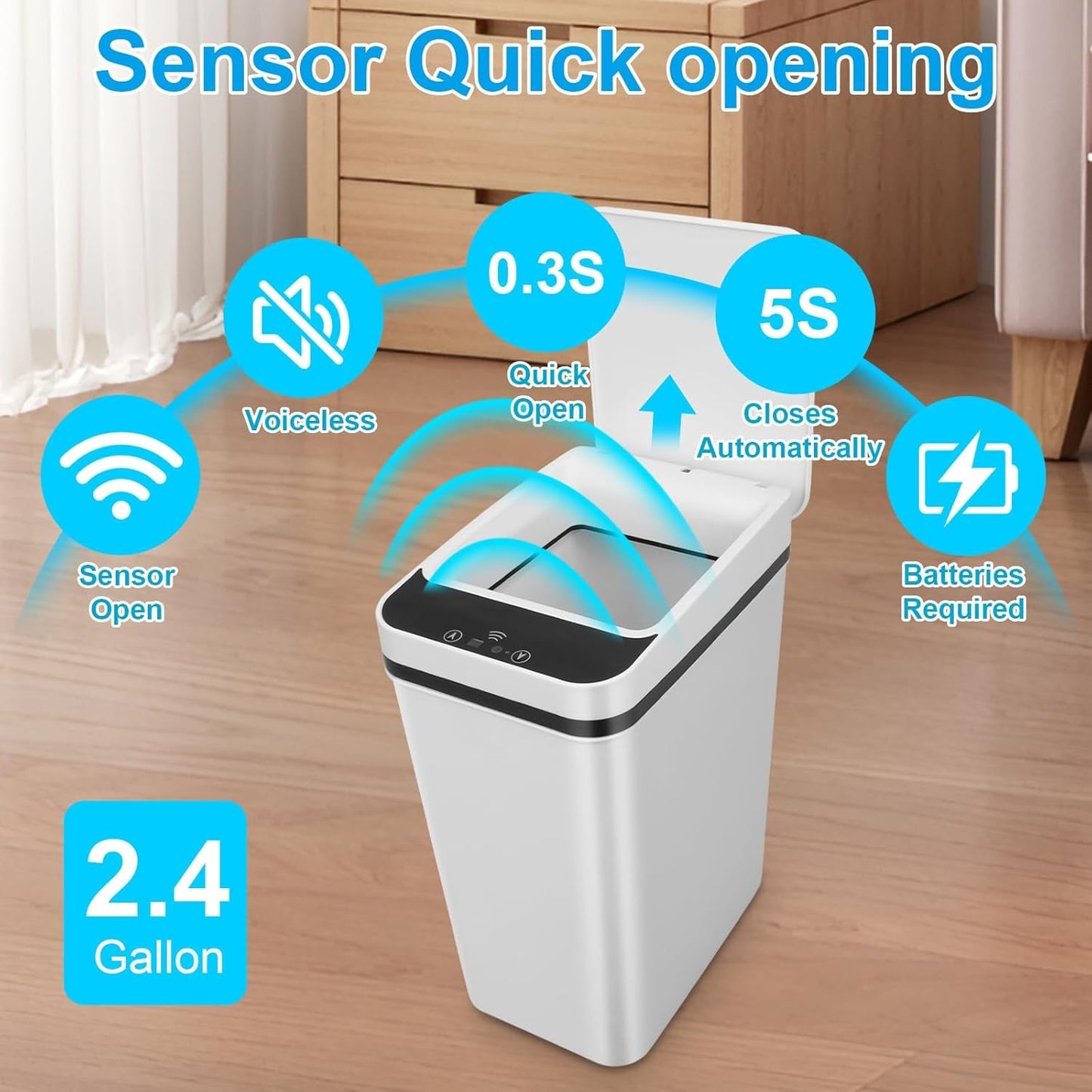 2 Pack Bathroom Trash Can,Smart Touchless Trash Can,Automatic Motion Sensor Trash Bin with Lid,2.4 Gallon Garbage Can, Kitchen, Bathroom, Office, Bedroom Trash Can (White+White)