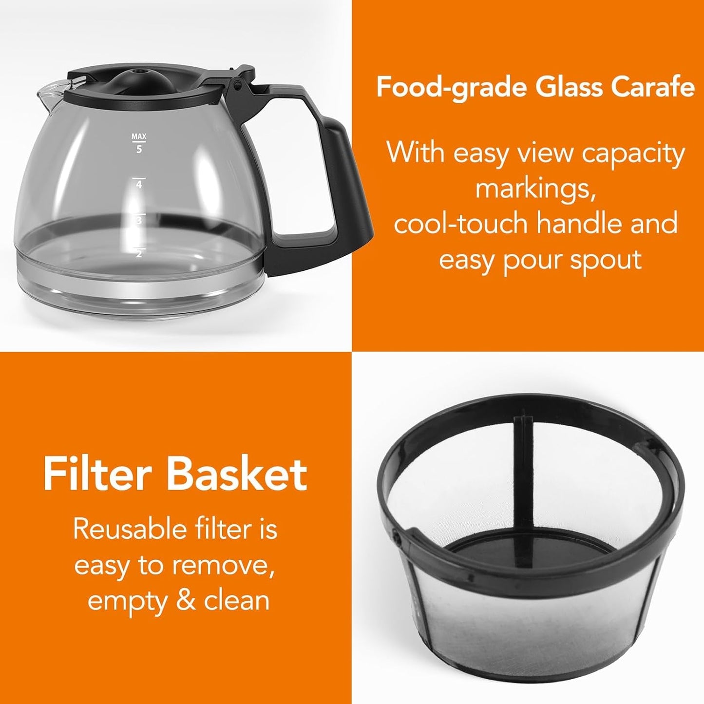 Compact 5-Cup Programmable Drip Coffee Maker — the Essential Coffee Machine with Digital Clock, 24-Hour Timer, Auto Shut-Off, and a Removable Filter Basket for Home & Office.