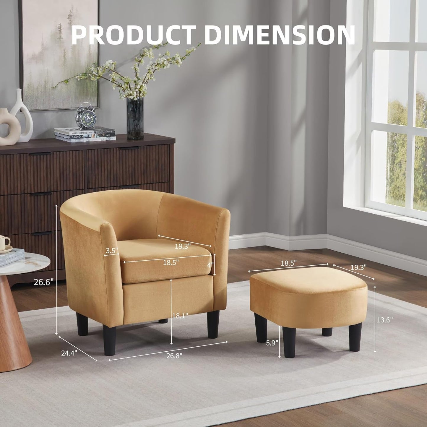 Accent Barrel Chair with Ottoman, Modern Comfy Armchair, Upholstered in Velvet, Reading Chair with Footrest, Contemporary Lounge for Living Room Bedroom Reading Room (Yellow)