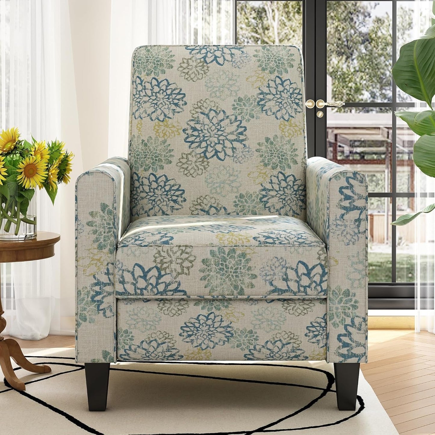 Kenley Modern Fabric Upholstered Push Back Recliner Chair, Wooden Gliding Home Theater Seating, Comfy Reading Chair, Deep Seating Single Sofa Accent Chair, Mixed Blue