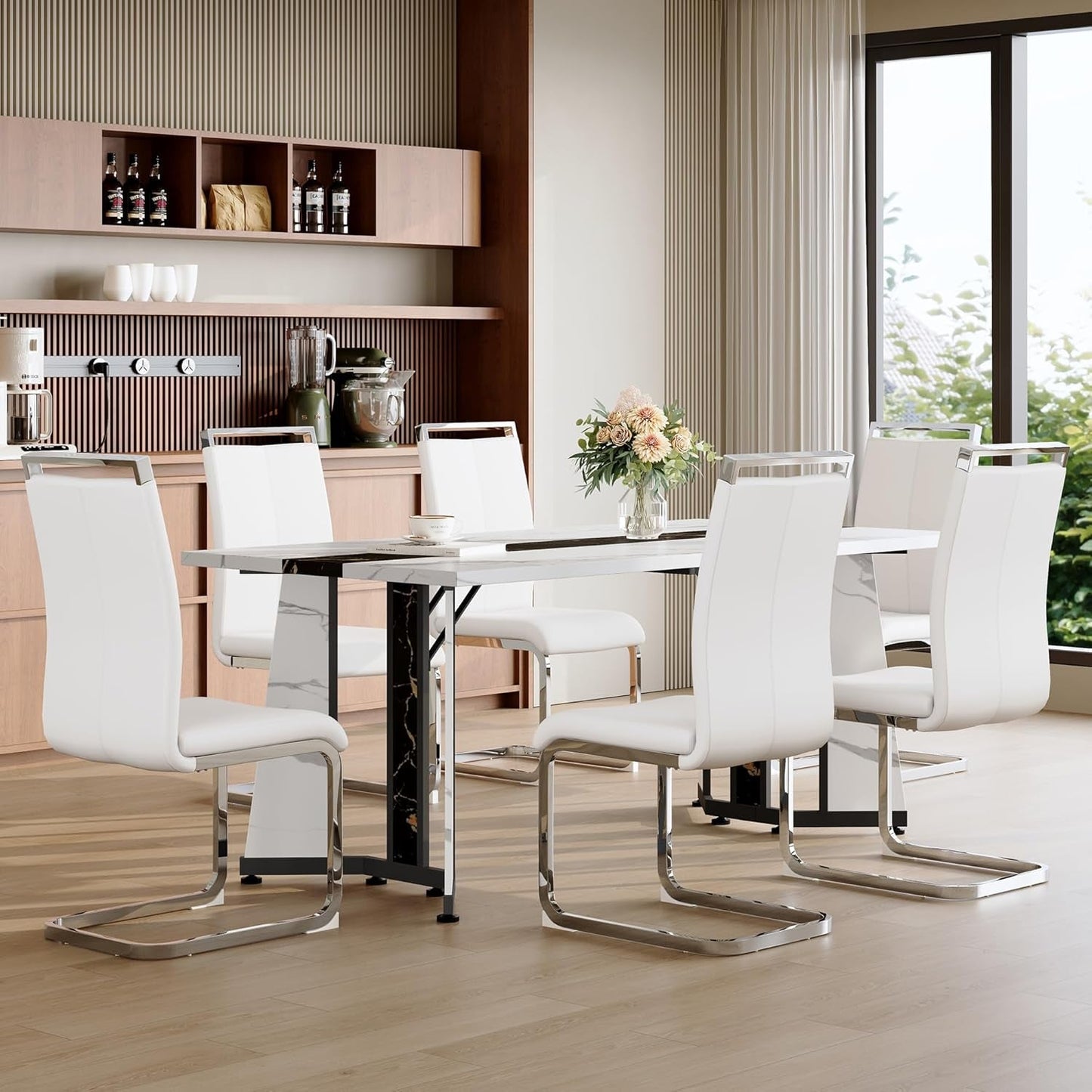 Dining Table Set for 6,White Marble 71'' Dining Room Table with Spacious Legroom and White Leather Dining Chairs,Easy Assembley,7 Pieces Kitchen Table and Chairs for Dining Room,Restaurant