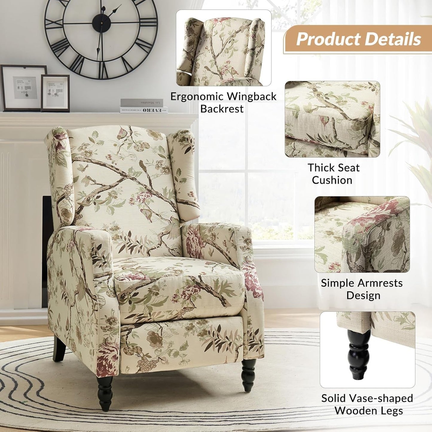 Wingback Recliner Chair, Traditional Push Back Recliner Single Sofa Chair with Solid Wood Legs, Modern Lounge Armchair for Living Room, Comfy Upholstered Accent Reclining, Bird