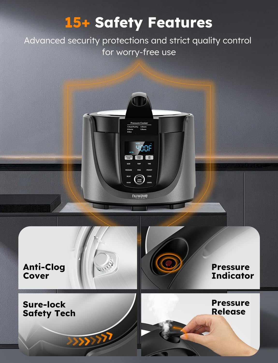 Duet Air Fryer, Electric Pressure Cooker & Grill Combo, 540 in 1 Multicooker with 3 Removable Lids, Slow Cook, Sautés, Dehydrator, 18/10 SS Pot, Sure-Lock Safety Tech & 13 Deluxe Accessories