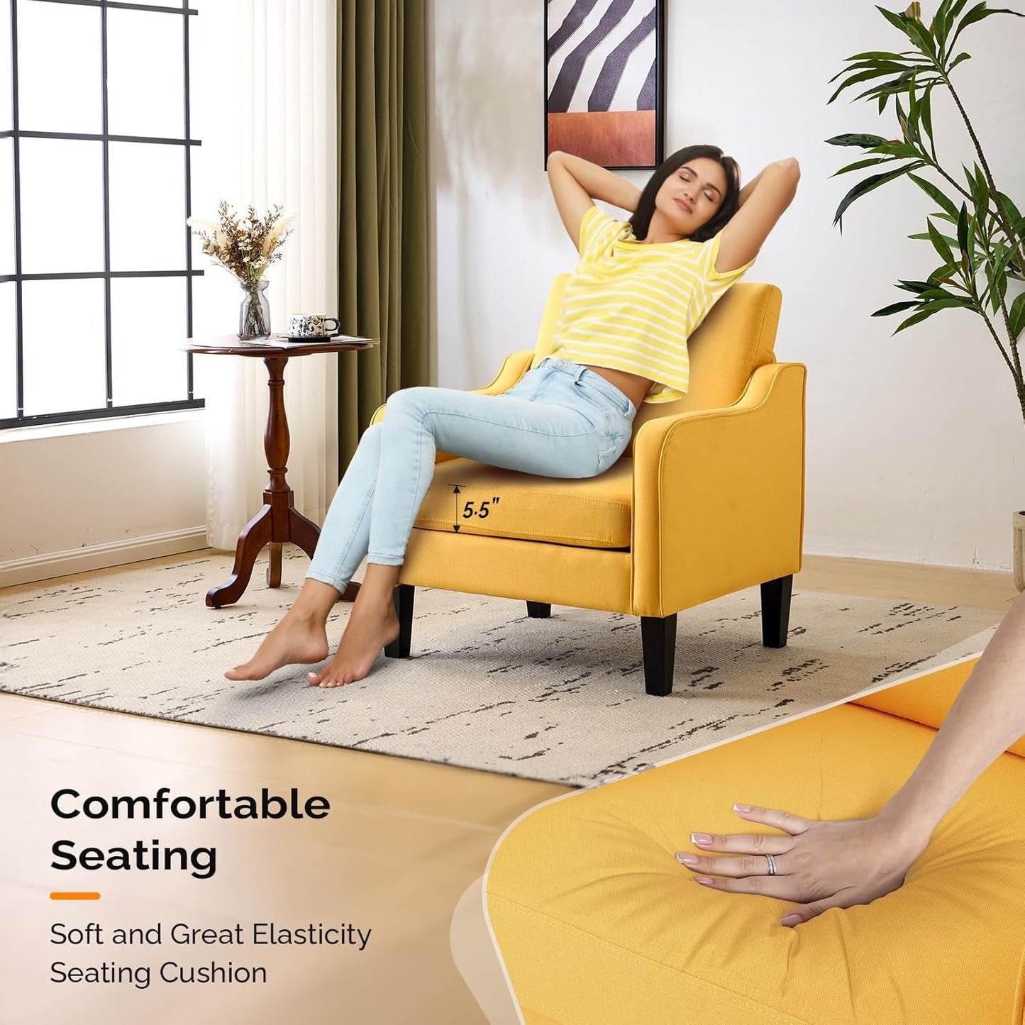 Accent Chairs Set of 2 Yellow Upholstered Linen Accent Chair for Living Room, Bedroom, Mid-Century Modern Arm Chair Comfy Reading Chair with Scooped Arms