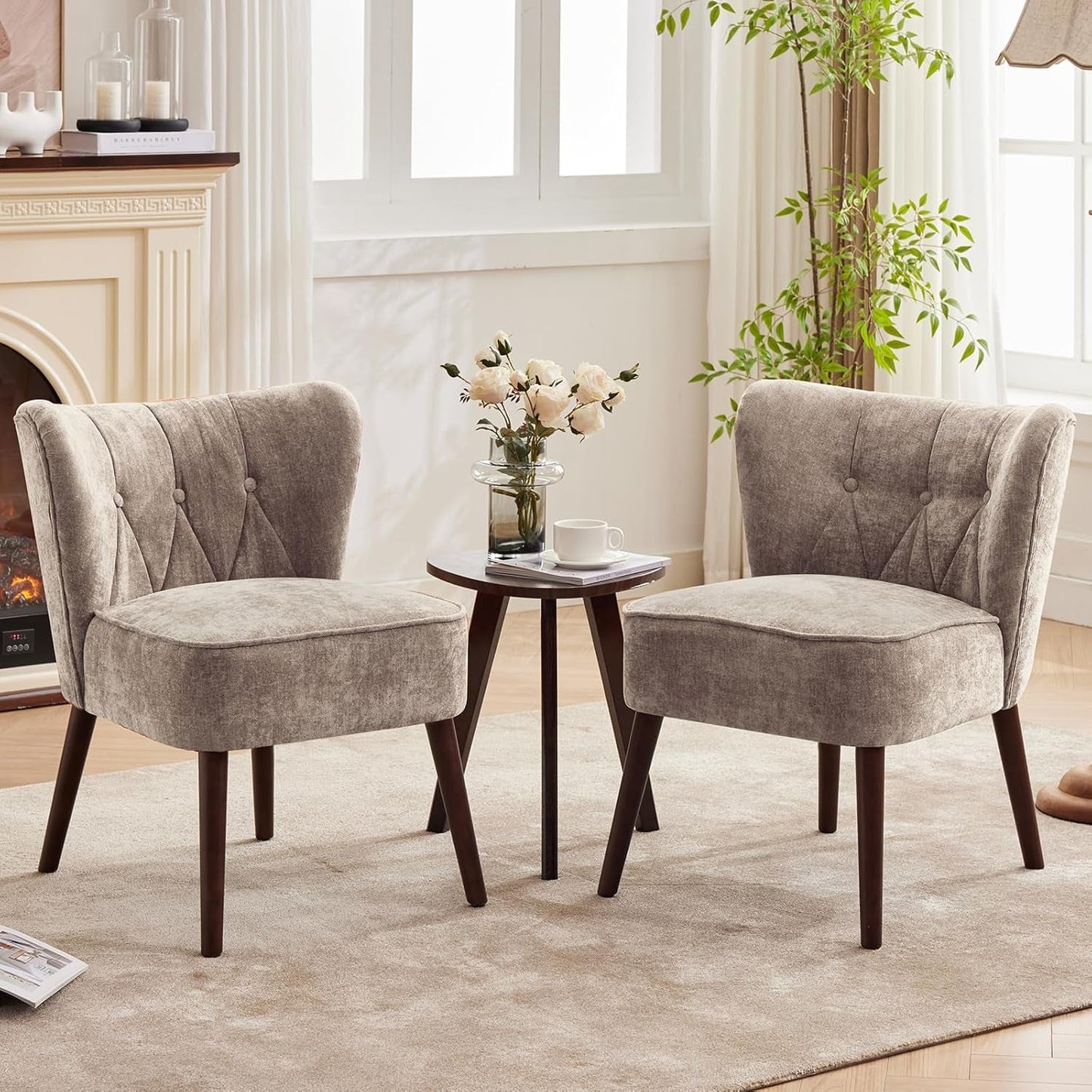 Accent Chairs for Living Room, Mid-Century Wooden Fabric Living Room Chairs, Side Chairs for Living Room, Bedroom, Reading Nook