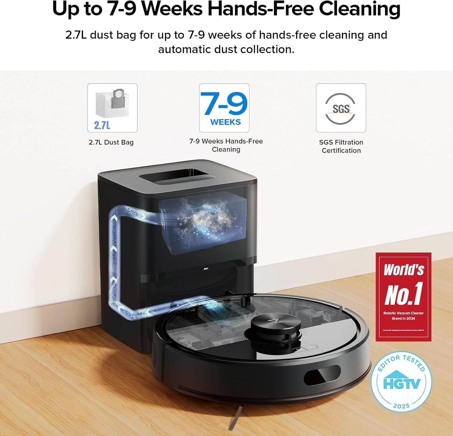 Q7 M5+ Robot Vacuum and Mop, Upgraded from Q5 Max+, up to 7-9 Weeks Self-Empty, 10000Pa Suction, Dual Anti-Tangle System for Pet Hair & Carpet, Precisense Lidar Navigation, App Control, Black
