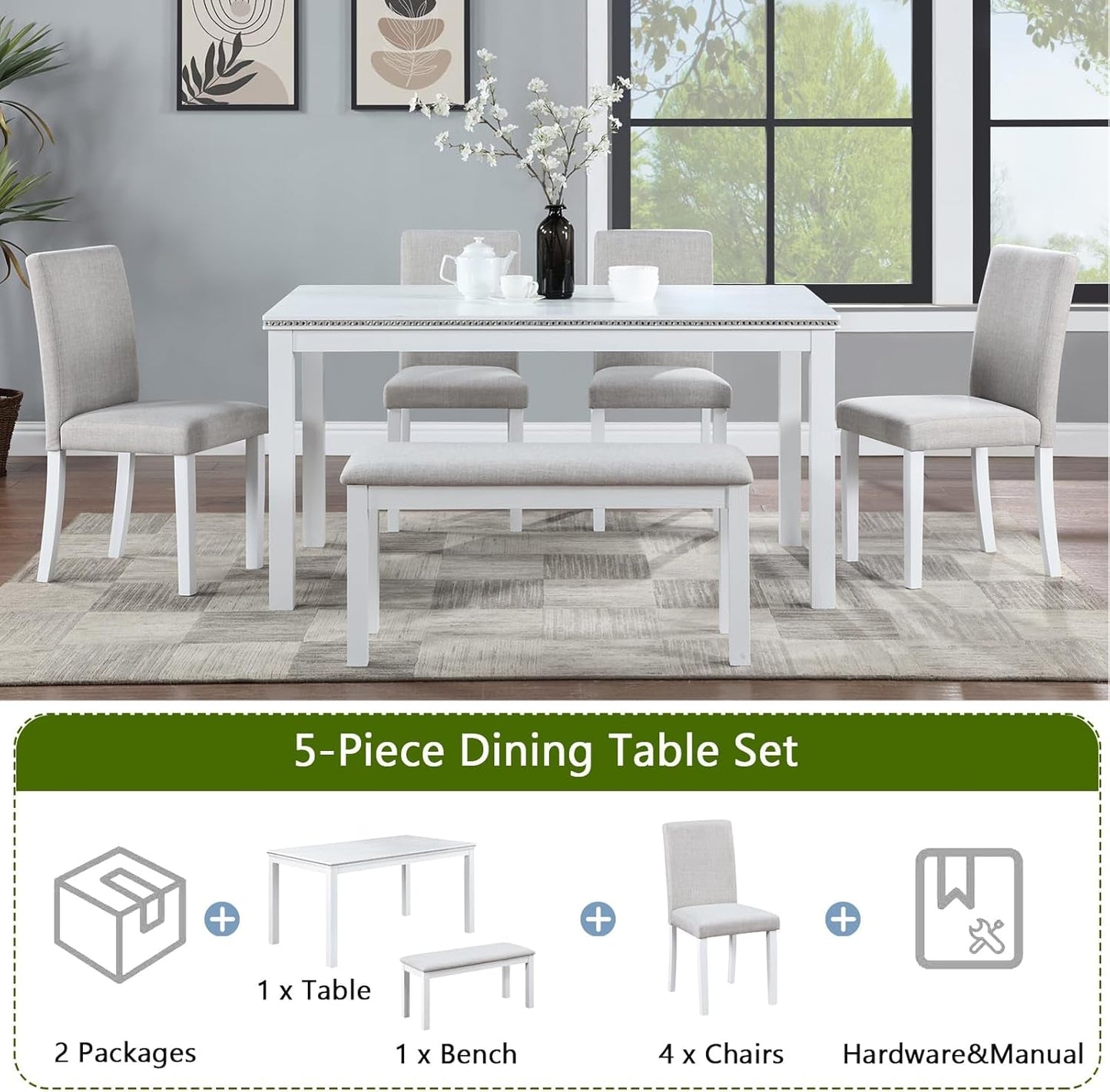 6 Piece Solid Wood Dining Set, Farmhouse Kitchen Table Set with 4 Upholstered Chairs & Bench for Kitchen, Dining Room, White
