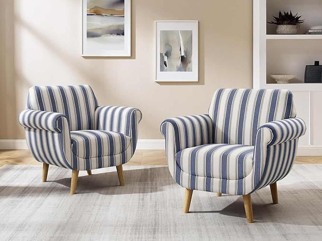 Mid-Century Accent Chair with Stripe Pattern, Modern Linen Fabric Armchair with Wood Legs, Club Chair for Living Room, Comfy Upholstered Side Chairs for Bedroom, Reading, Small Place (Navy)