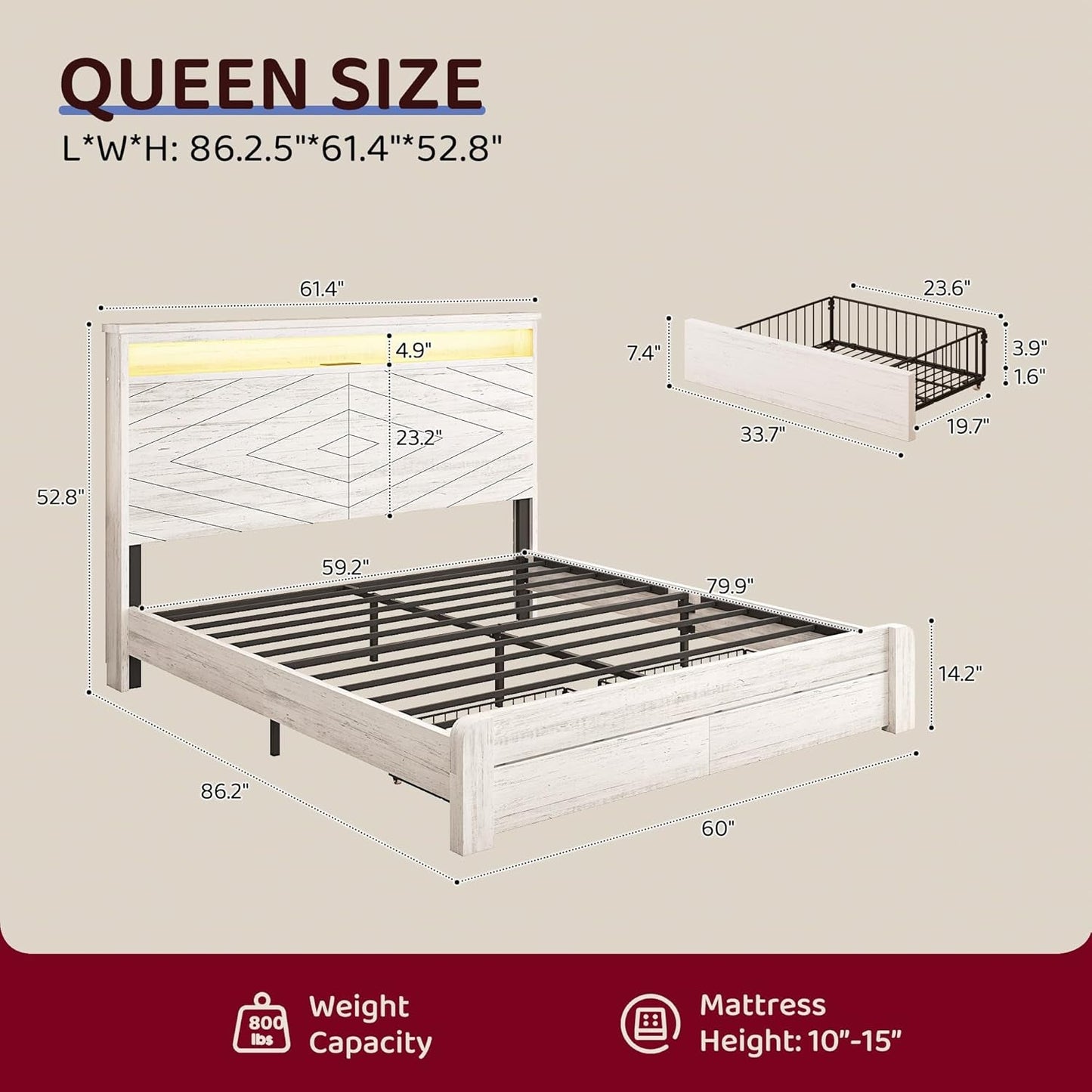 Queen Size Bed Frame with 2 Storage Drawers and Headboard Wooden Platform Bed Frame with LED Lights and Charging Station Easy Assembly/No Box Spring Needed/White