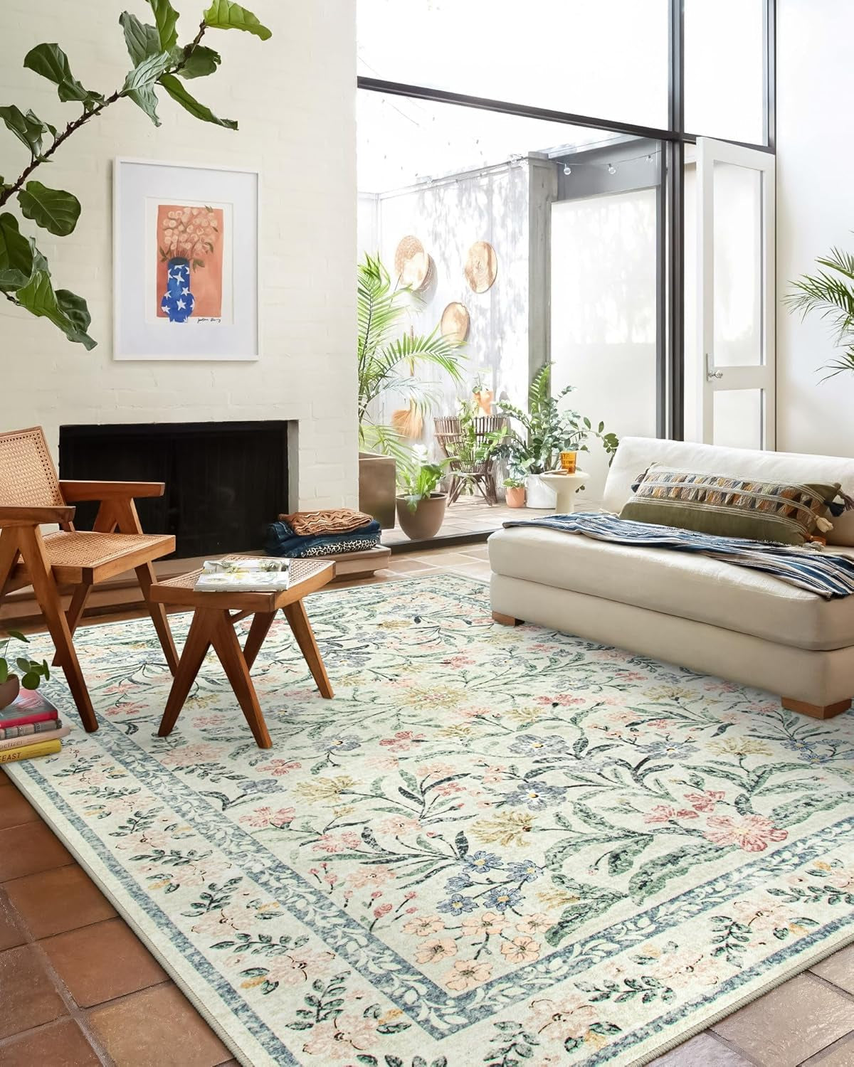 Boho Washable Rug 8X10, Large Area Rug for Living Room, Soft Floral Carpet for Bedroom Non Slip, 8 X 10 Indoor Beige Carpets for Nursery Dining Room Apartment Office Decor