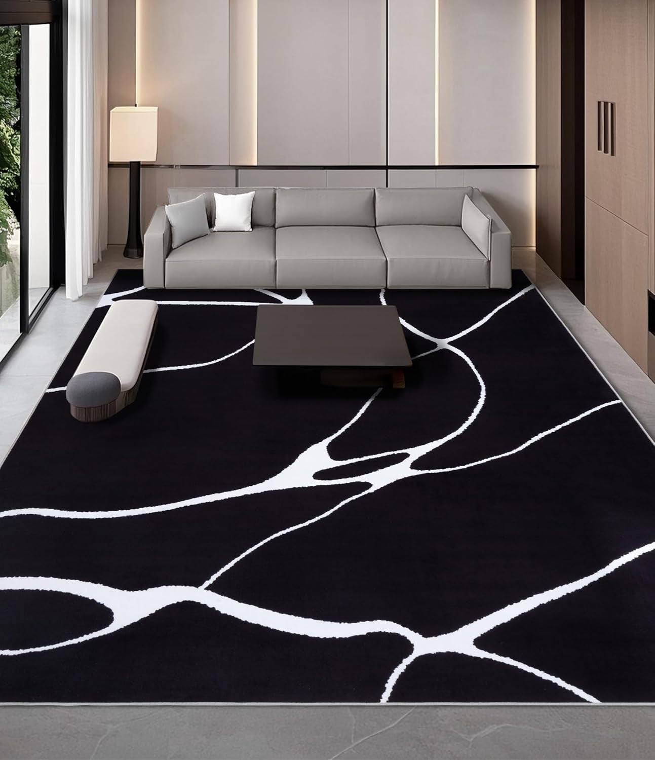 Modern Washable Area Rug for Living Room Bedroom - Large Abstract Black and White Rug Non-Slip Ultra-Thin Home Decor (Dark Warping, 8'X10'Ft)
