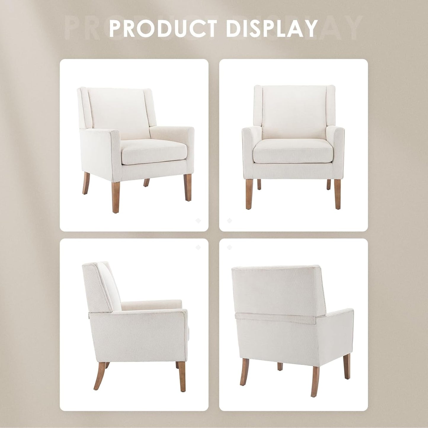 Modern Wingback Living Room Chair Set of 2, Upholstered Fabric Accent Armchair, Single Sofa Chair with Lounge Seat and Wood Legs for Bedroom/Office/Reading Spaces, Beige